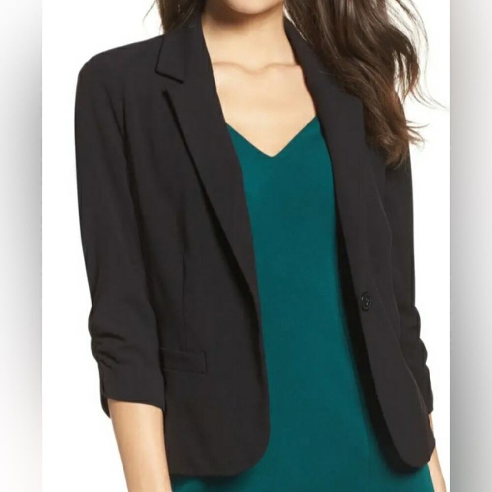 Frenchi one button blazer jacket black ruched 3/4 sleeves